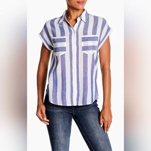 Lucky Brand Blue and White Striped Cotton Tie Back Button Down Shirt sz M